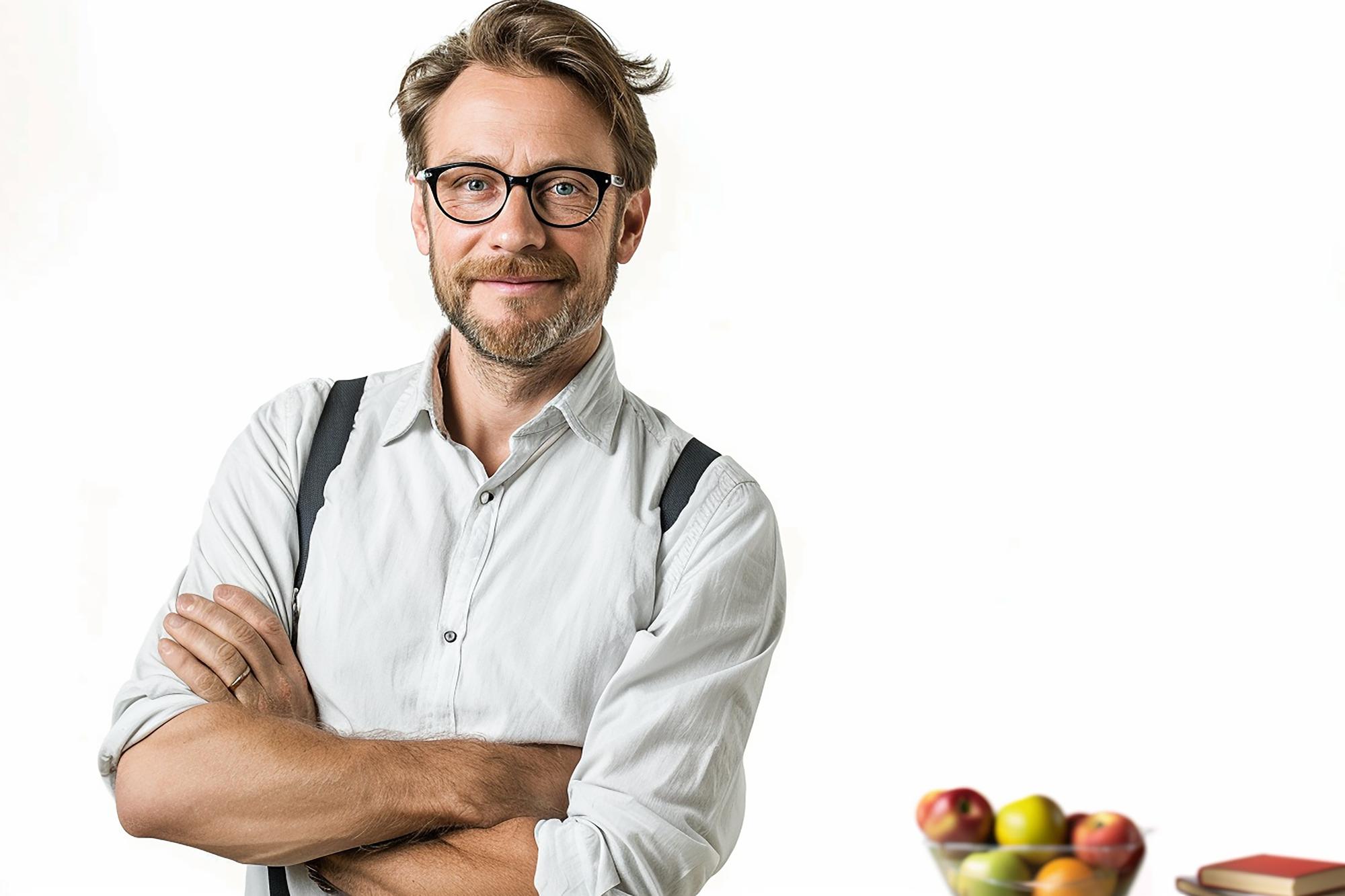 Instructor in a small teaching kitchen